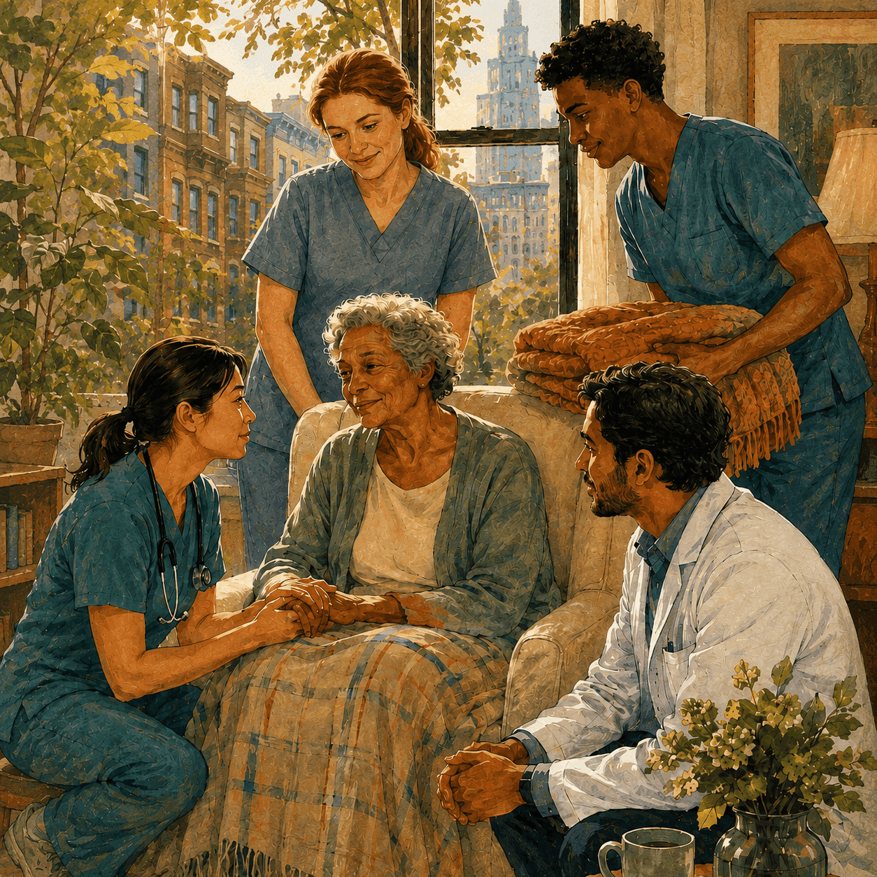 Care team members sitting with an elderly patient at home