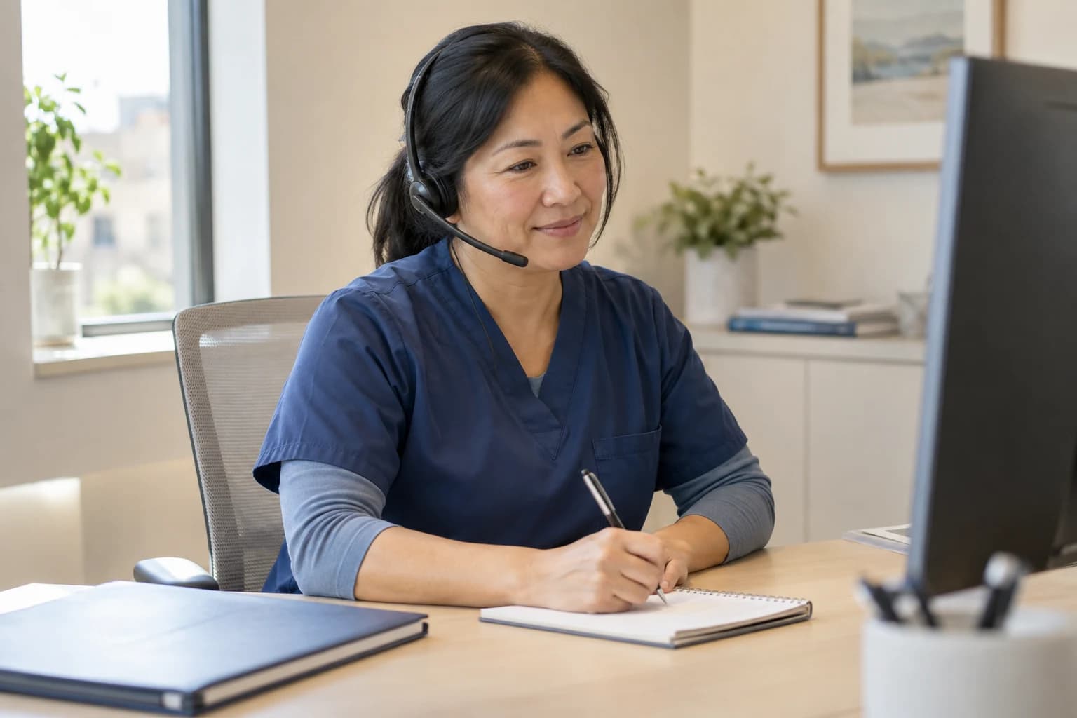 A care coordinator makes a follow-up call from a quiet clinic workspace.