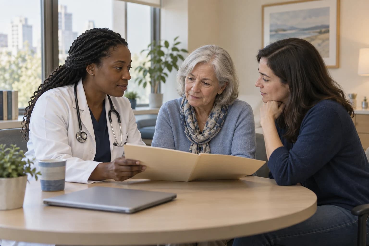 A clinician reviews an ongoing care plan with a patient and family member.