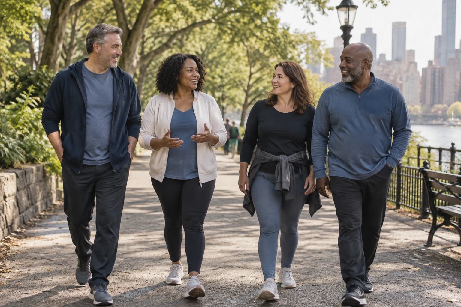 Adults take a relaxed group walk through a neighborhood park.