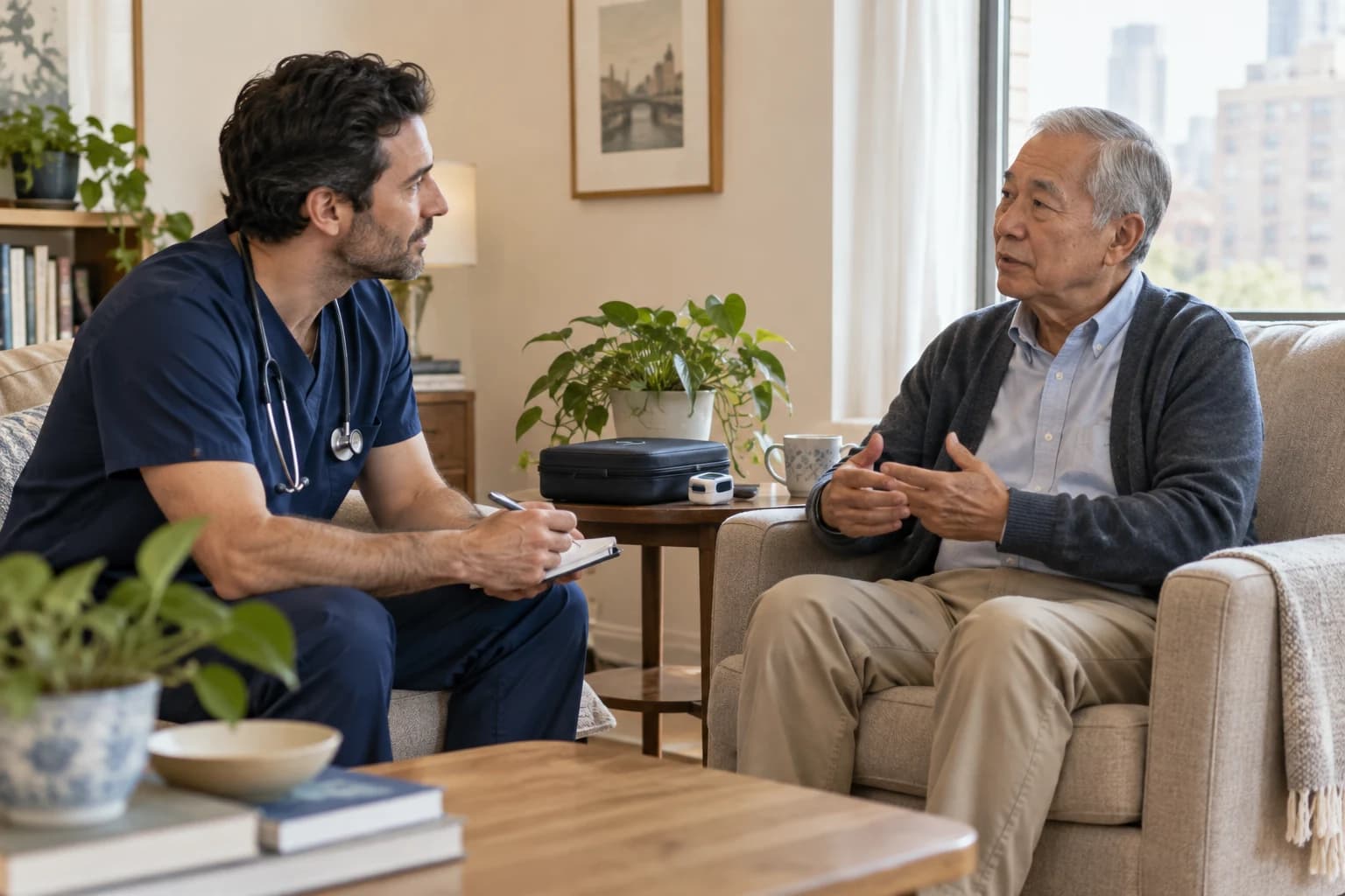 A mobile care physician assesses a patient at home.