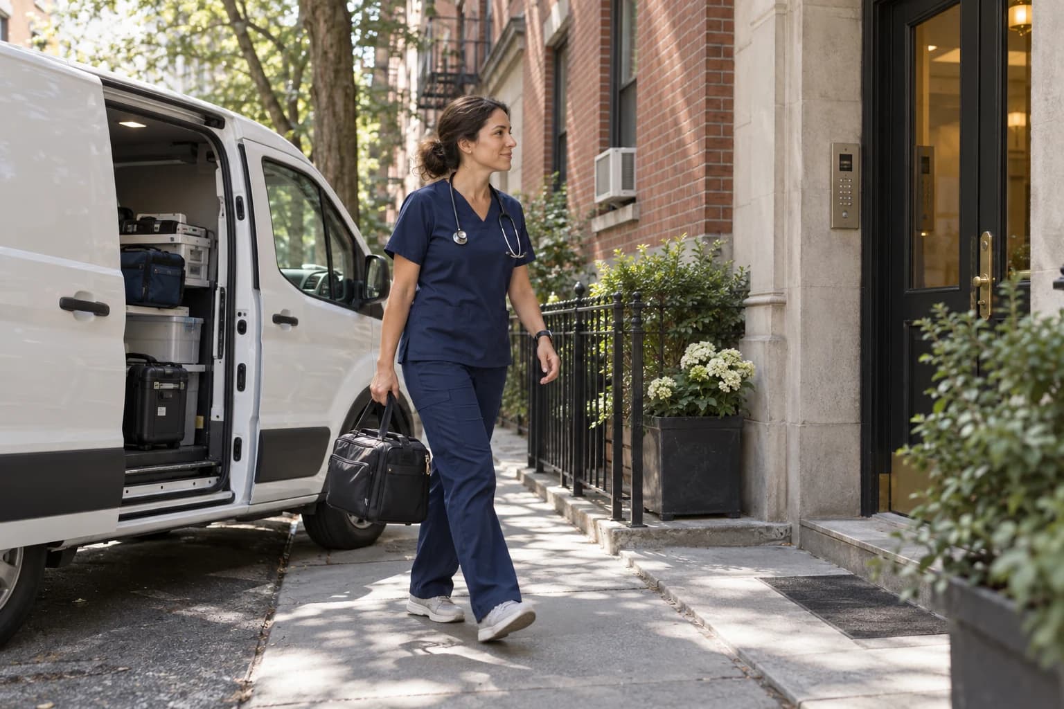 A physician carrying a medical bag approaches a residential building from a mobile care van.