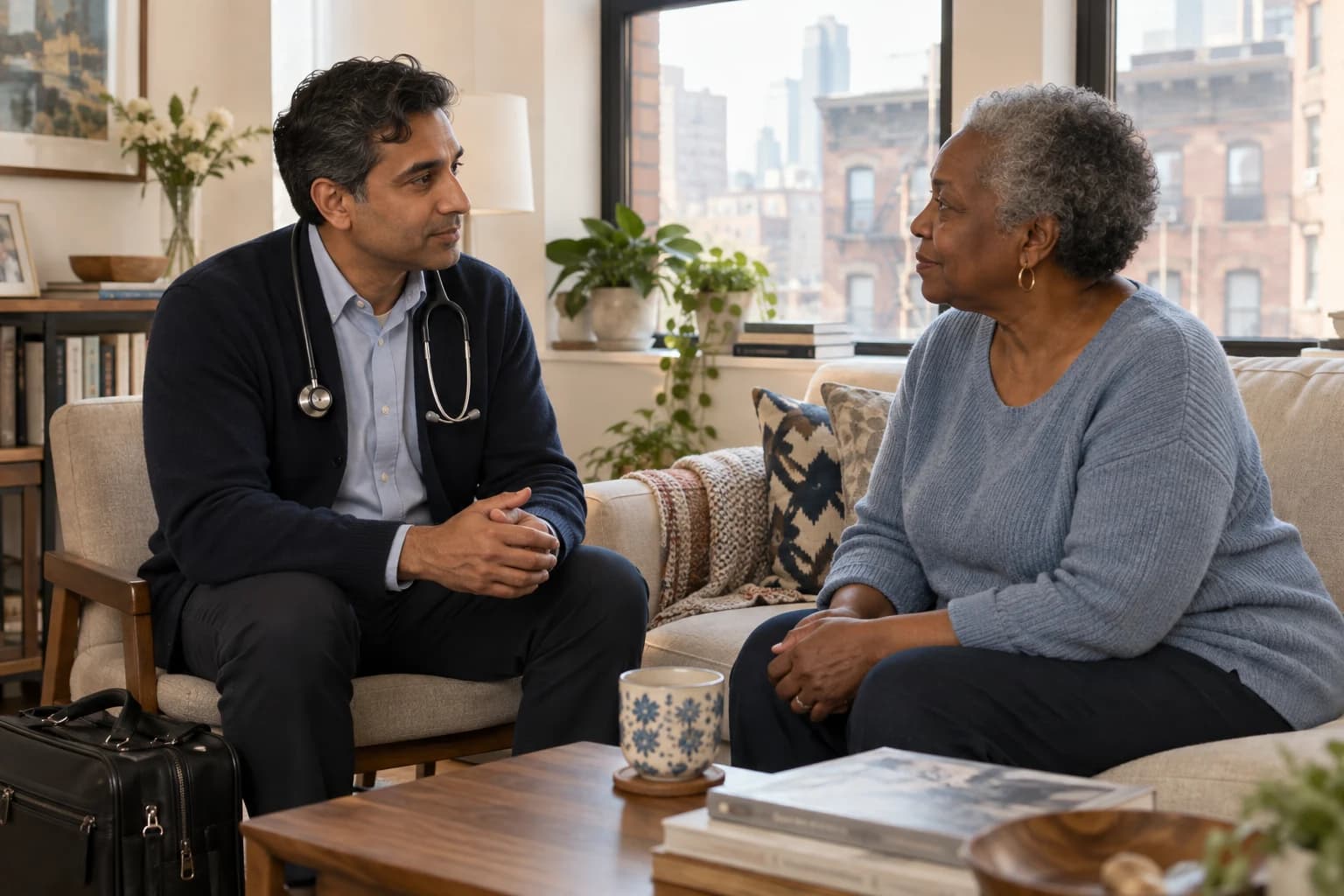 A visiting physician talks with an older adult in her living room.