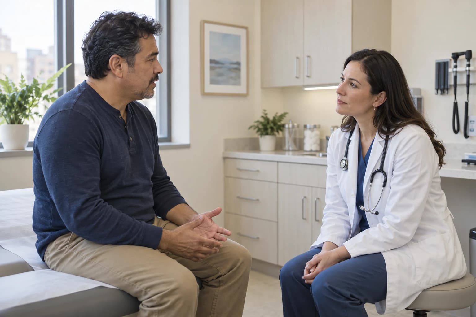 A physician listens to a patient during an in-office consultation.