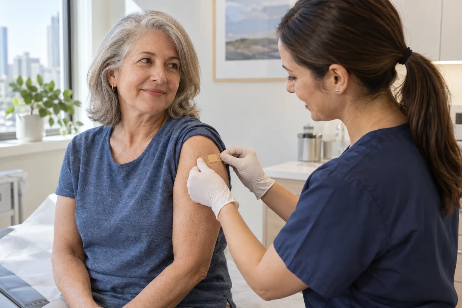 A nurse applies a small bandage after a patient’s vaccination.