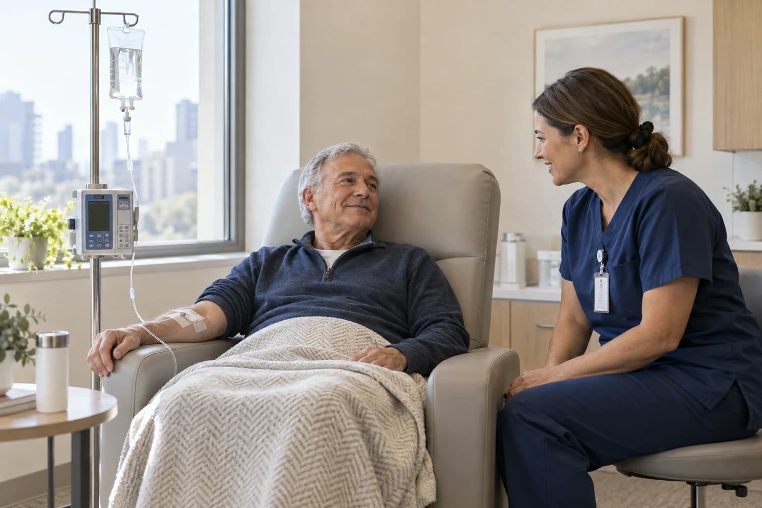 A patient receives supervised infusion care in a medical office.