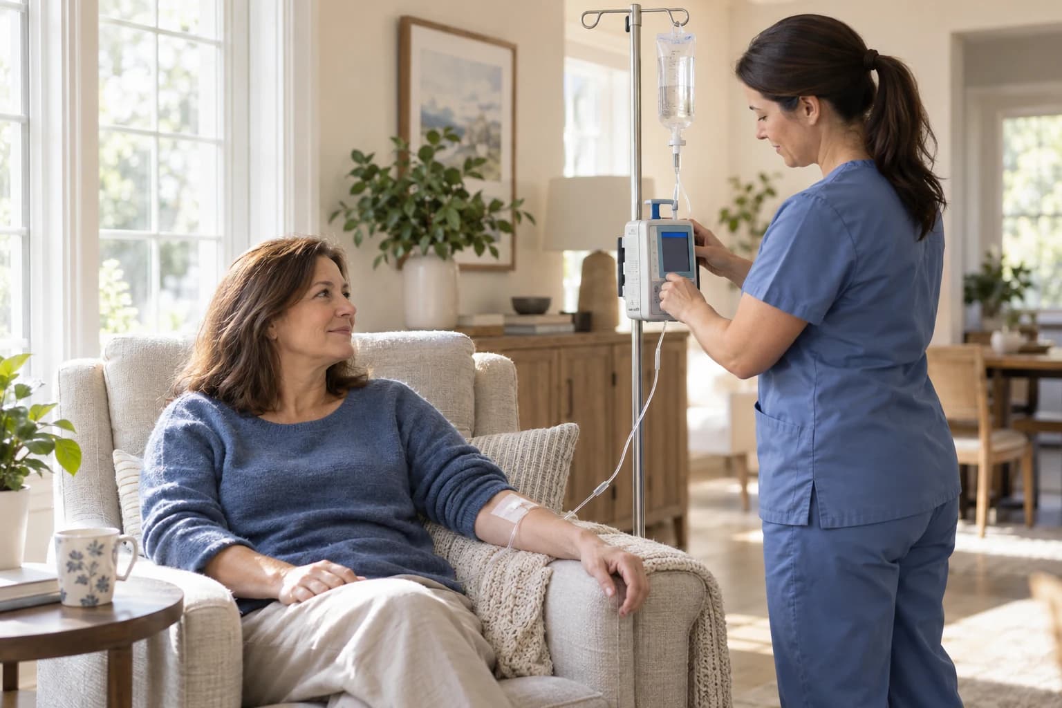 A nurse supervises an infusion treatment in a patient’s home.