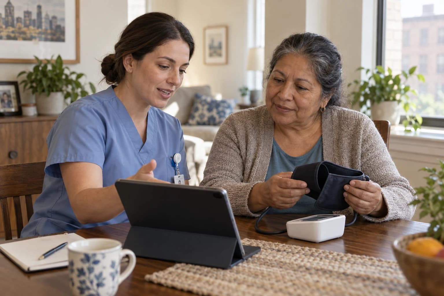 A nurse helps a patient learn to use home monitoring equipment.