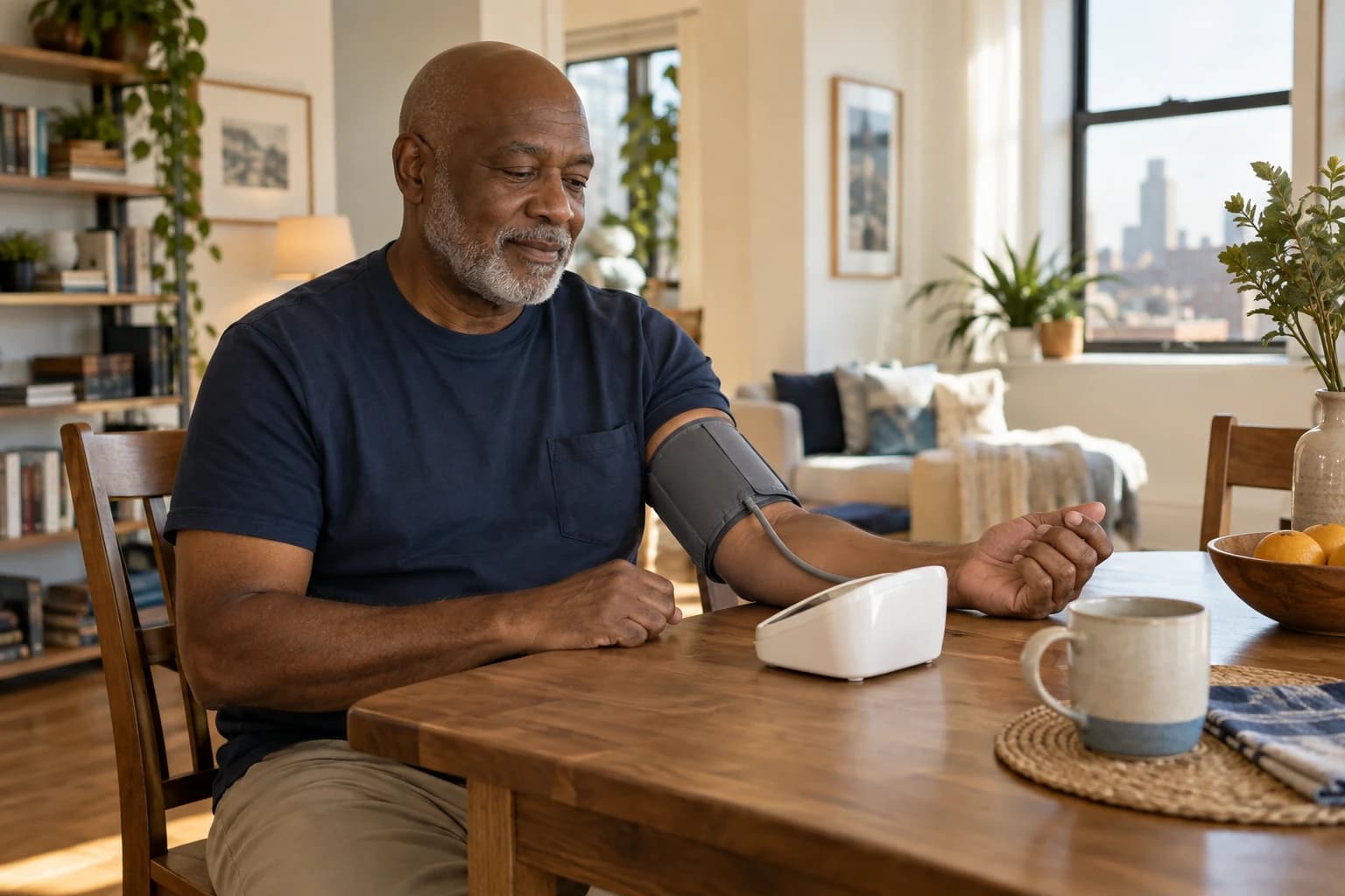 A patient uses an upper-arm blood pressure monitor at home.