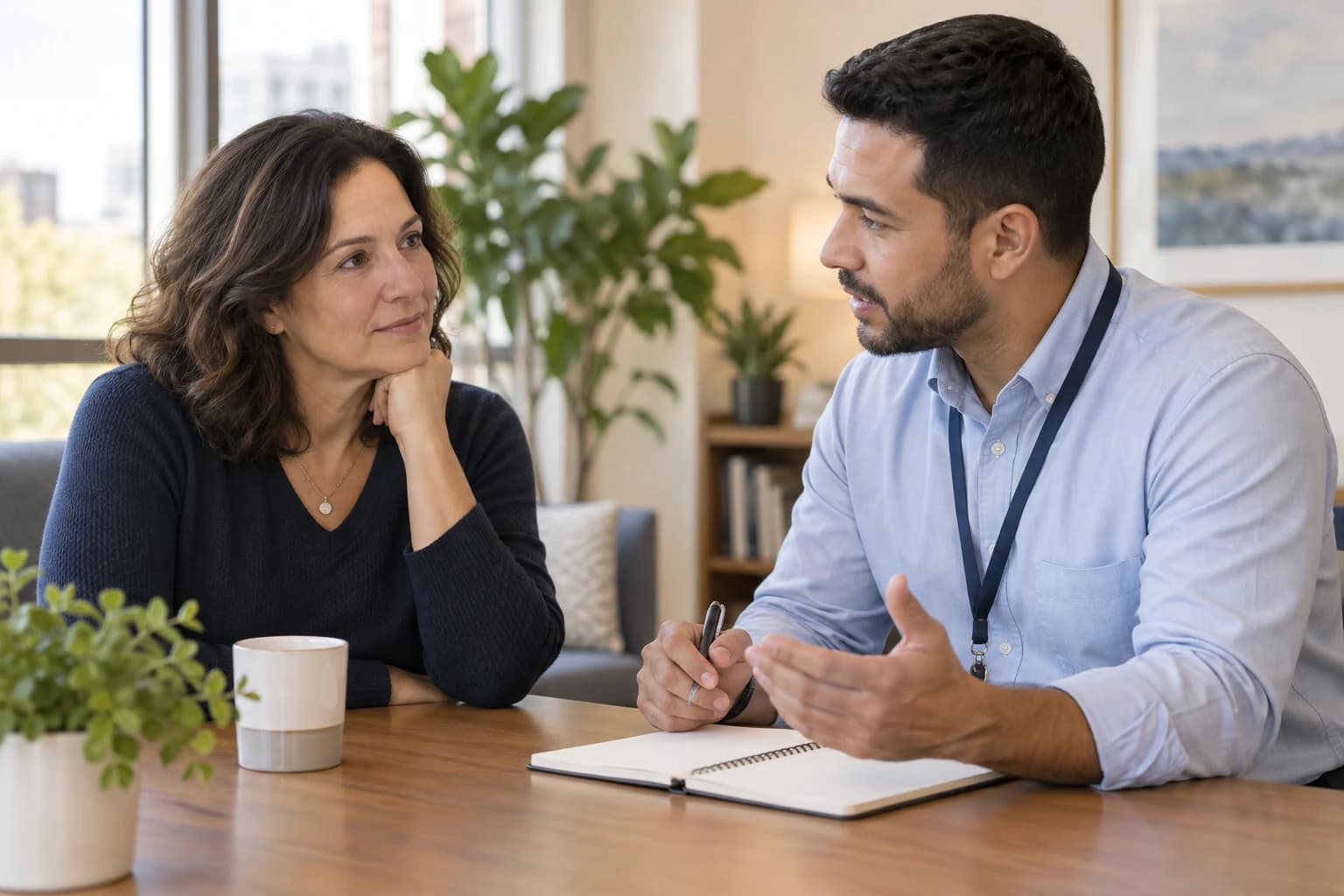 A patient and care coordinator plan ongoing recovery support.