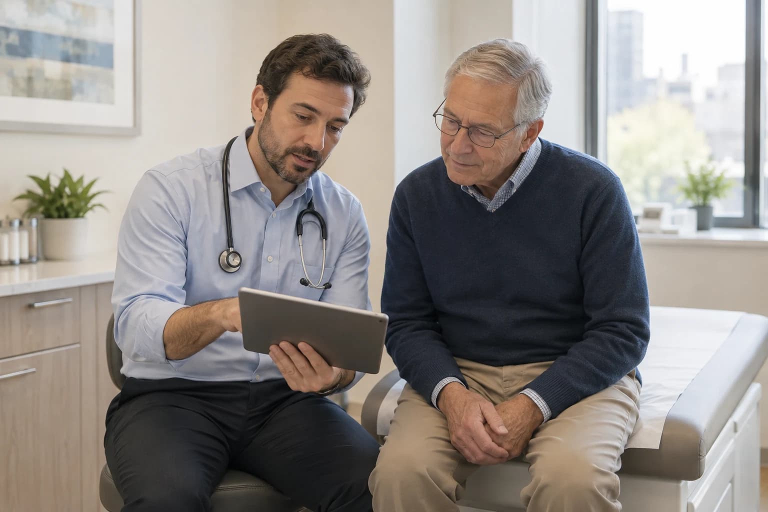 A physician reviews laboratory results with a patient.