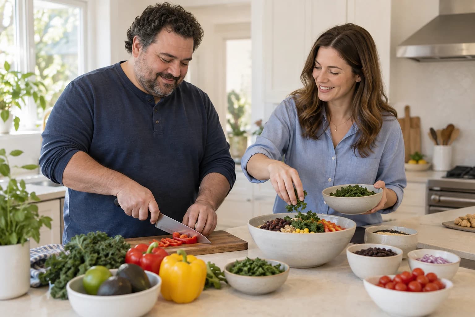A nutrition professional helps a patient prepare a balanced meal.