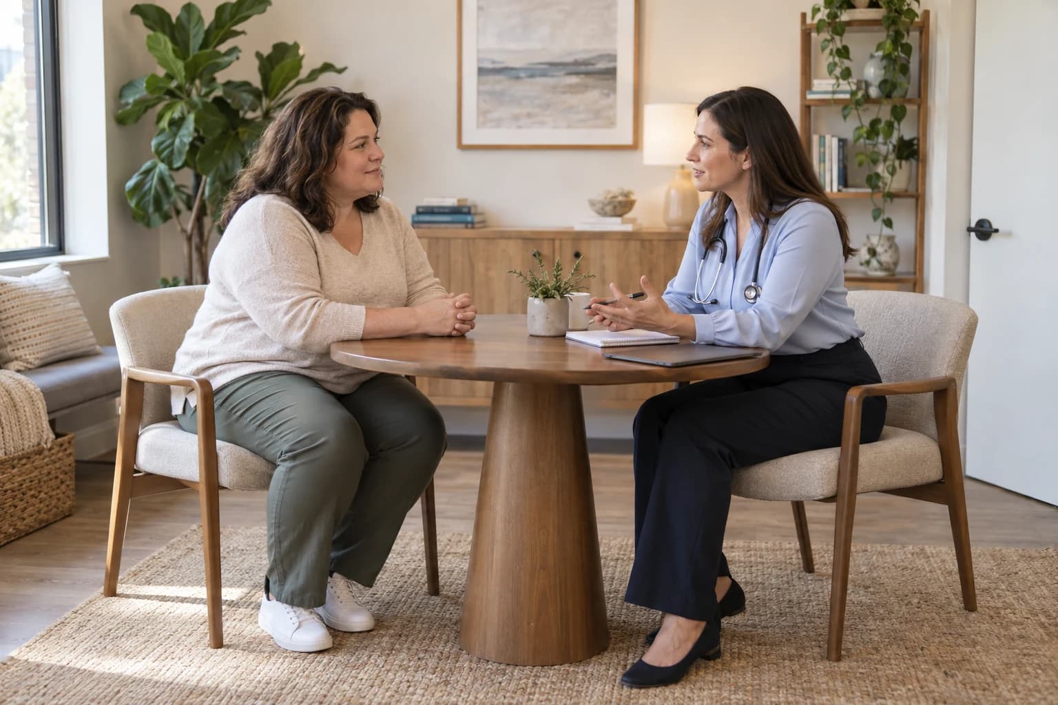 A patient discusses weight management with her physician.